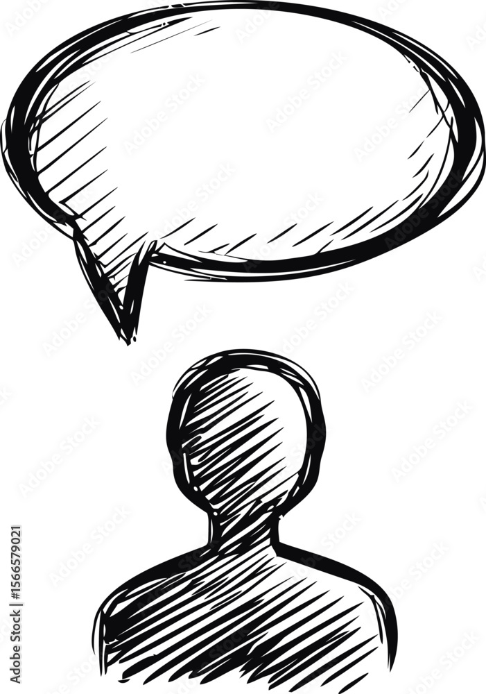 Poster sketch of a person with a large blank speech bubble, black and white drawing