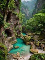 A Vibrant Canyon River Flowing Through Lush Green Mountains