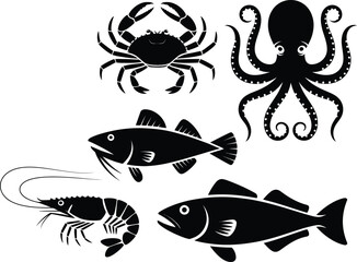 Black and white illustration featuring a grid of marine life silhouettes.