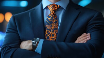 Modern leader with bright circuit-themed tie design, standing confidently in a digital era setting