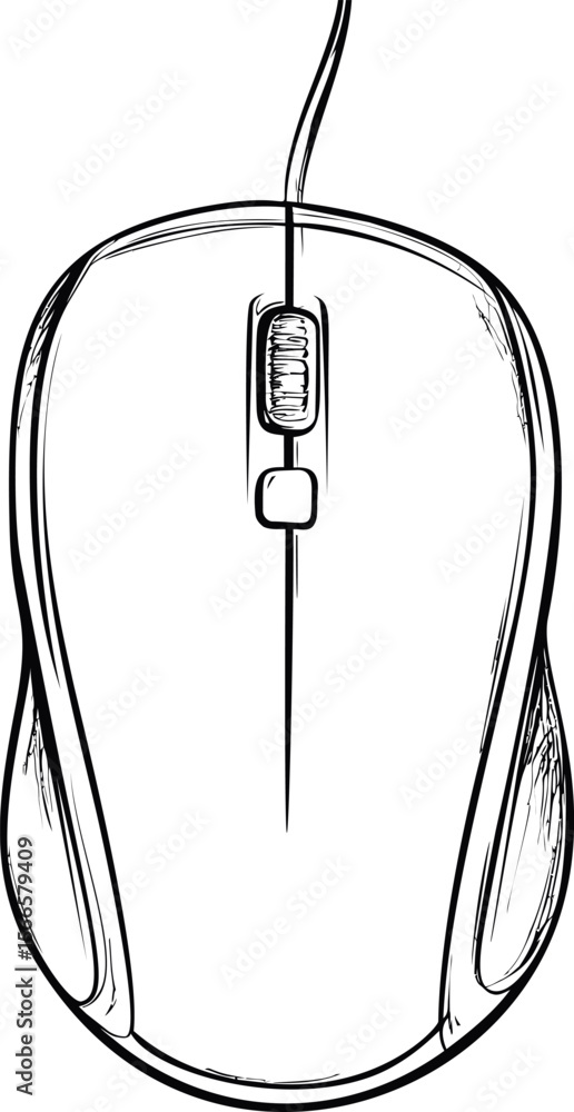 Poster line art of a corded computer mouse from top view with intricate details