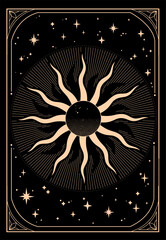 Mystical rectangular composition of the sun, moon and stars