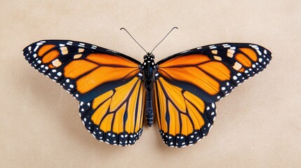 Fototapeta premium Vibrant Monarch Butterfly with Distinctive Orange and Black Wings Displayed Symmetrically on a Neutral Background