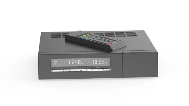 IPTV or satellite TV receiver with remote control on white background