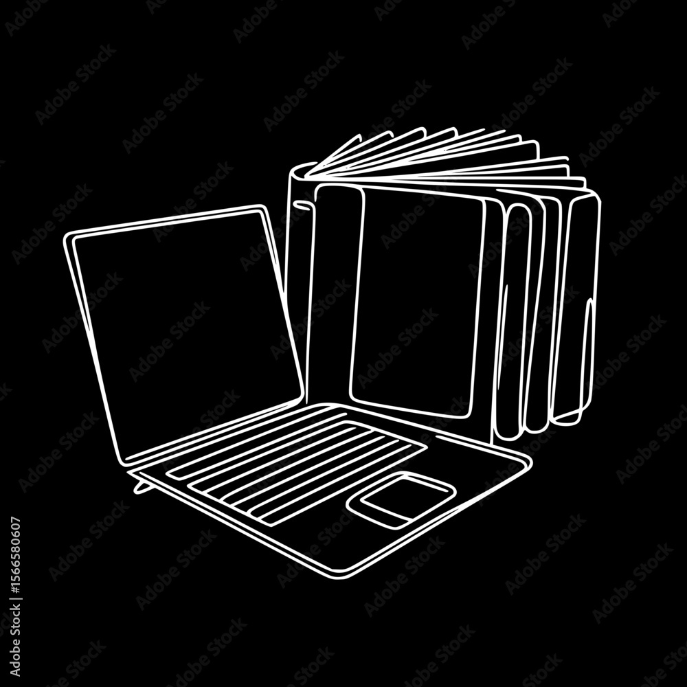 Aufkleber Laptop and stack of books in single line outline vector design  