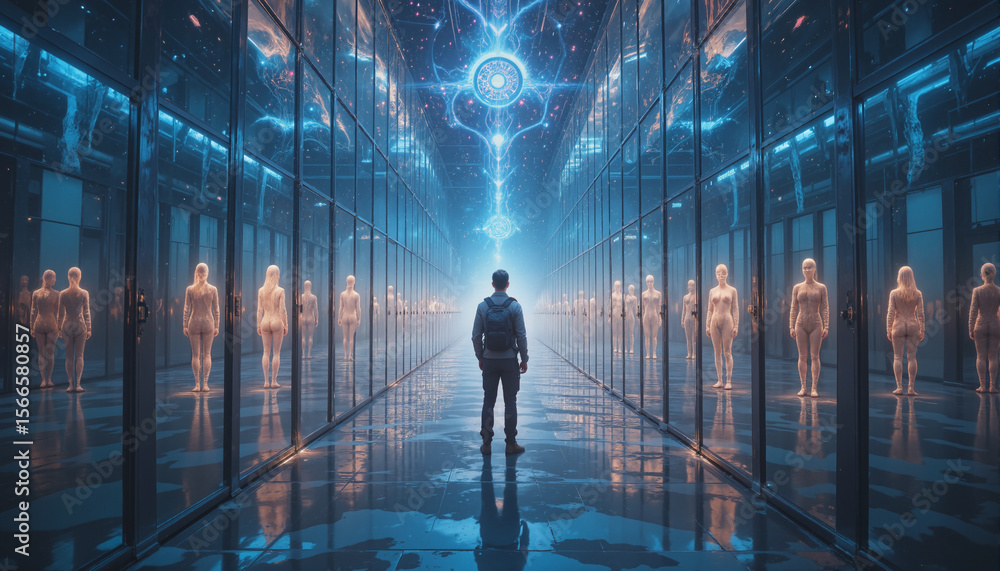 Poster the image shows a man standing in front of a large group of people in a room with glass walls on eit