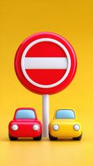 3D traffic sign, No overtaking zone traffic icon with cars illustrating road safety regulations.