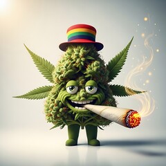 Animated cannabis bud character with rainbow hat smoking a joint with a playful grin