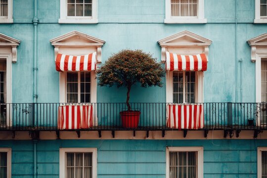 A vibrant red and white striped awning contrasts against a serene blue building facade, with a lush tree nestled on the balcony, offering a touch of nature amidst the city's concrete jungle - Powered by Adobe