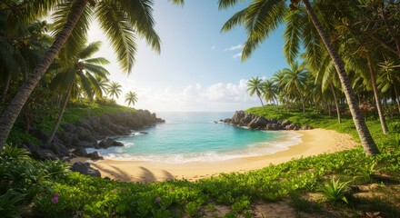Fototapeta premium Tropical beach cove with lush greenery and clear turquoise ocean water.
