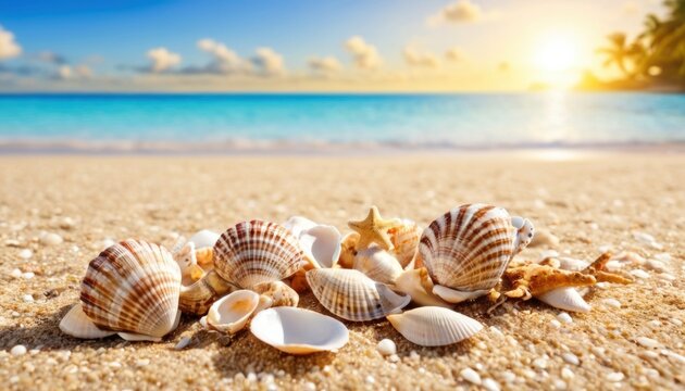 On the beach, shells are scattered on the warm sand, creating a natural pattern. In the background, the gentle waves of the sea wash the shore.