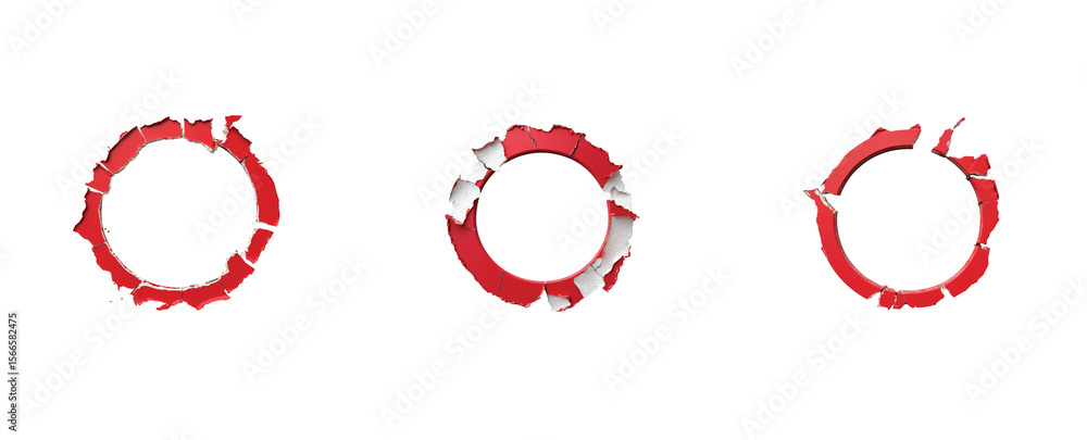 Aufkleber set of three progressive red circles with cracked and broken fragmented design