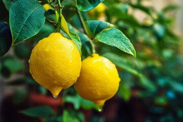 Close-Up of Fresh Yellow Lemons on Tree with Smooth Texture