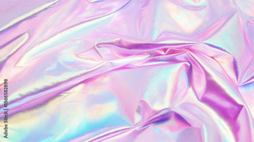 Poster iridescent crumpled fabric with holographic shimmer creating abstract texture background. trendy lig