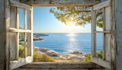 Serene view of a sunny coastline through an open rustic wooden window