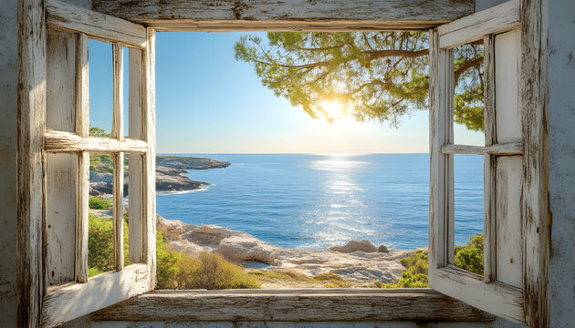 Fototapeta Serene view of a sunny coastline through an open rustic wooden window