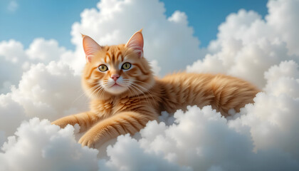 Fluffy Orange Cat Relaxing Among Soft Clouds During a Bright Sunny Day