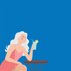 Beautiful cartoon girl with white hair and a cocktail in her hand sits at the table, flat style, postcard, minimalism