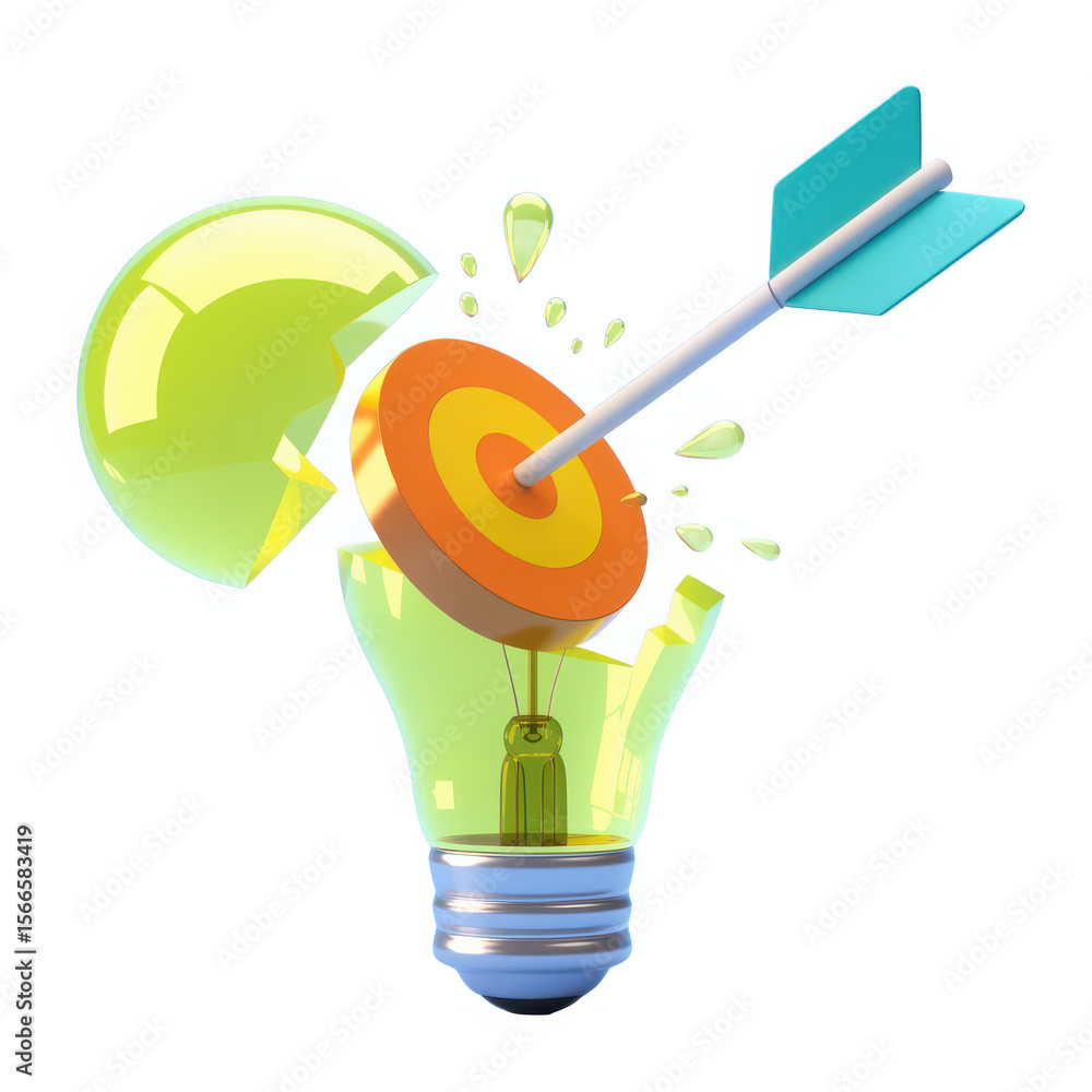 Poster broken lightbulb with target and arrow symbolizing successful idea generation and goal achievement i