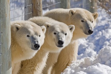 Fototapeta premium Three majestic polar bears stand in a line, their white fur contrasting against the snowy backdrop of their enclosure