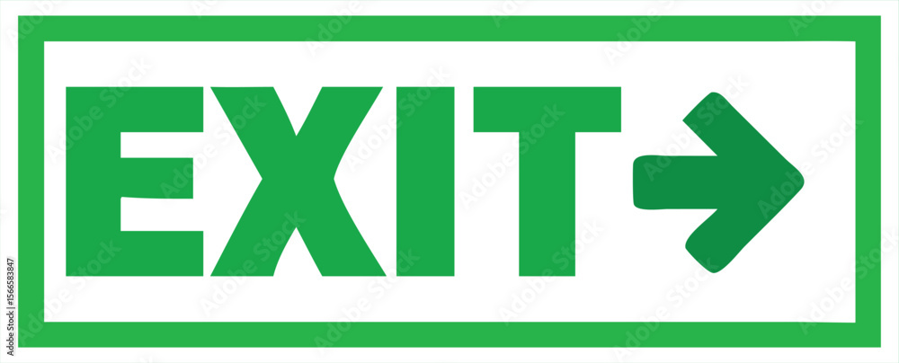 Poster a green exit sign with a white background and a directional arrow pointing to the right indicating a