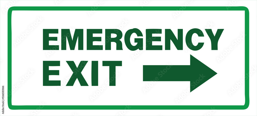 Poster clear and simple green emergency exit sign with a white background and a bold green arrow pointing t