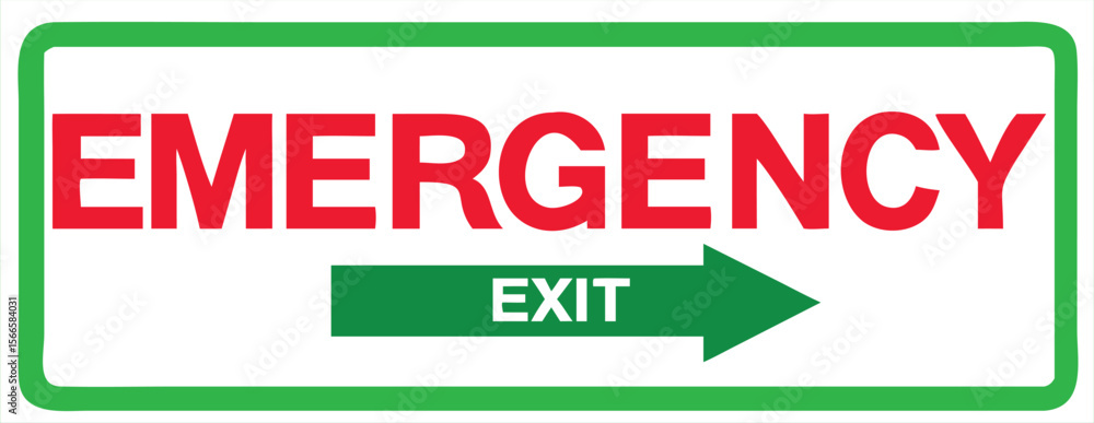 Poster clear and bold emergency exit sign with red text and a green directional arrow pointing to the right