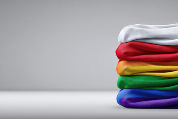 Stacked colorful fabric swatches in pride flag colors, neatly layered on plain background, symbolizing diversity, inclusion, and unity with cheerful mood