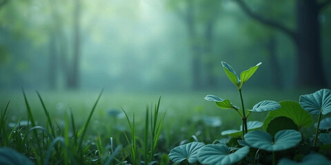 Blurred natural summer background. Young plants and grass in forest, nature landscape with copy space.