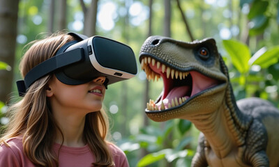 A young girl in virtual reality glasses. The girl is in a virtual reality depicting a predatory dinosaur and the prehistoric world of the Jurassic period.