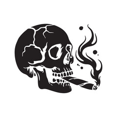 Smoking Skull Silhouette Icon with Cigarette and Smoke Vector Symbol
