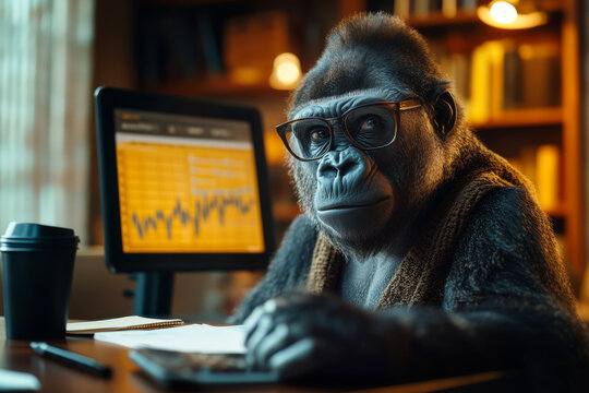 A gorilla wearing glasses focuses on work at an office table. Scattered notes and a coffee cup surround him, contrasting the seriousness of his task with his playful appearance