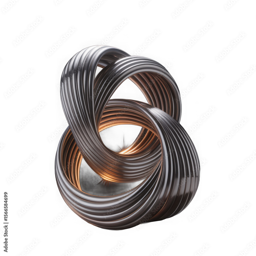 Poster abstract metallic infinity loop sculpture with ribbed texture and warm internal glow isolated on tra