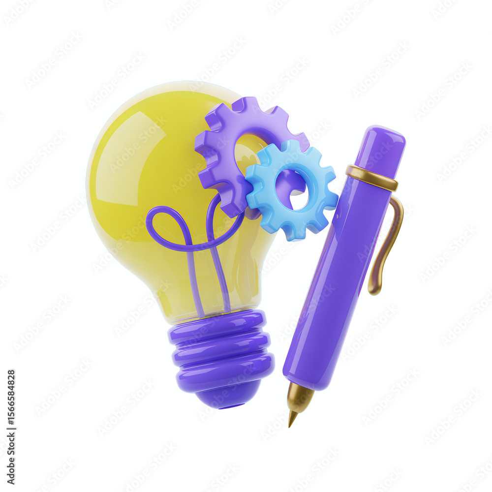Poster creative idea generation with a lightbulb and gears connected to a purple pen isolated on transparen