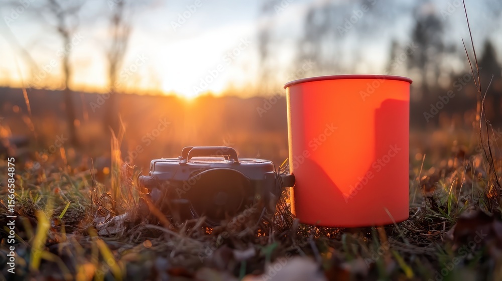 Poster sunset scene with camera and colorful bucket in nature setting