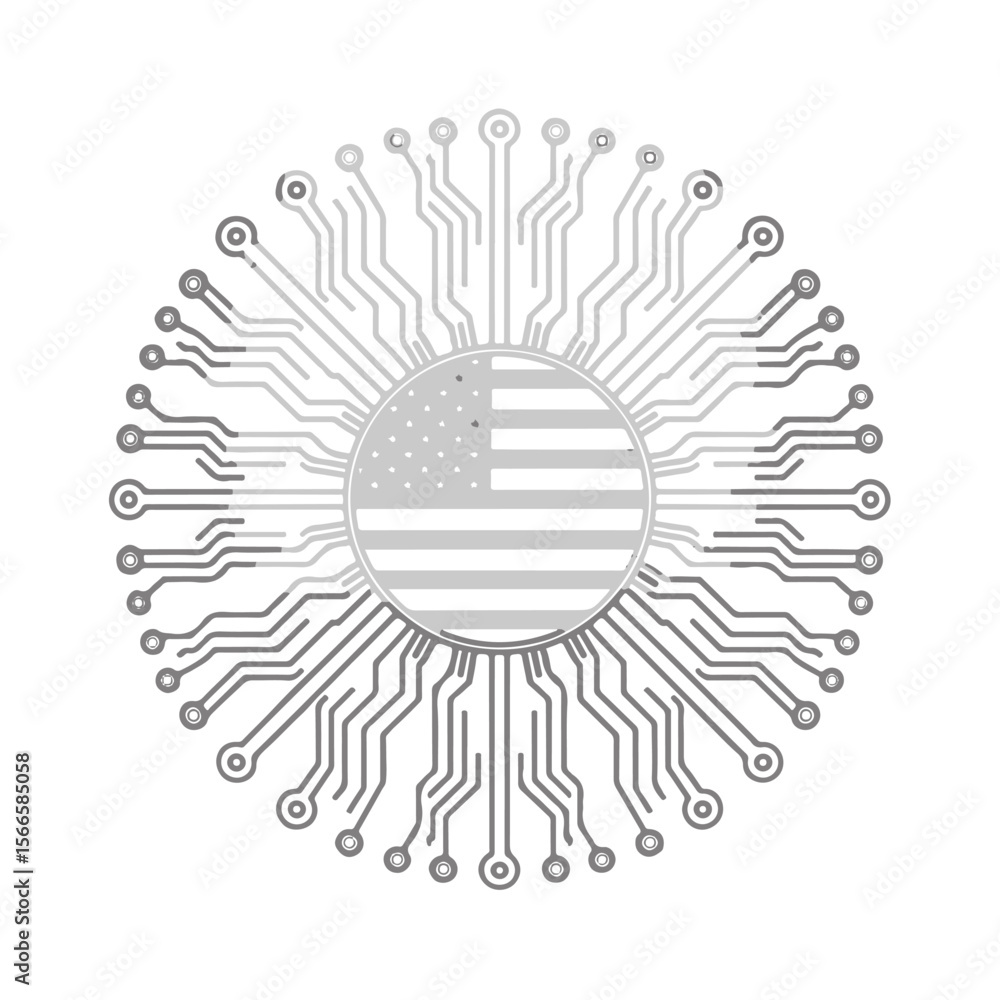 Poster circular circuit board pattern with american flag in the center and radiating lines