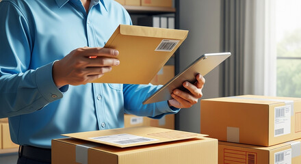 Man in blue shirt holding envelope and tablet near cardboard boxes in a warehouse setting indoors