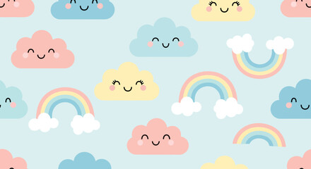 Seamless Cute Rainbow and Smiling Cloud Pattern