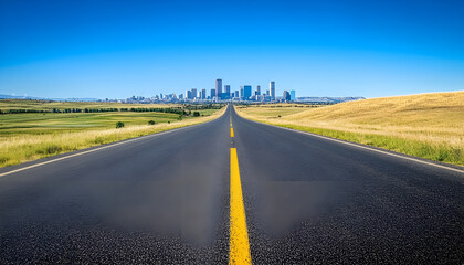 Vast empty road leading towards distant city skyline under clear blue sky