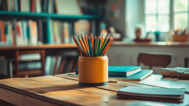A cozy study space with colored pencils in a yellow holder, books, and notebooks on a wooden table, with a blurred bookshelf and window in the background.