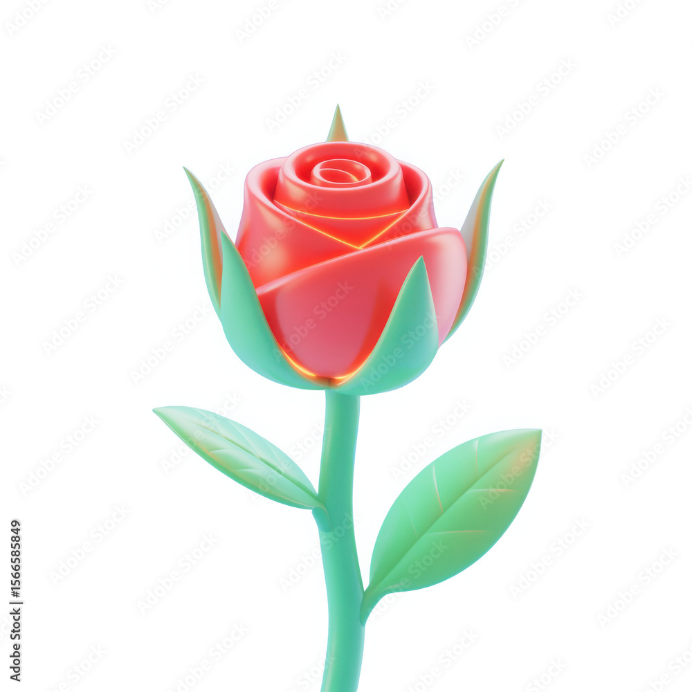 Poster stylized 3d rendered red rose with glowing edges and green leaves against a soft blue gradient backg