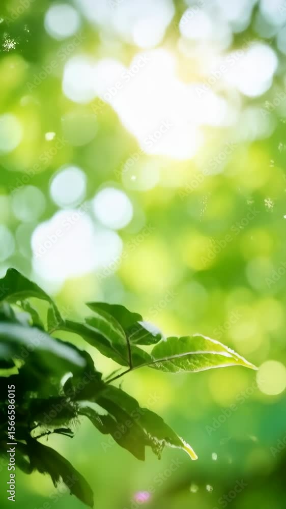 Poster sunlight filters through fresh green leaves creating abstract bokeh circles and vibrant nature backg