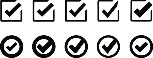 Collection of black checkmark icons in square and circle outlines.
