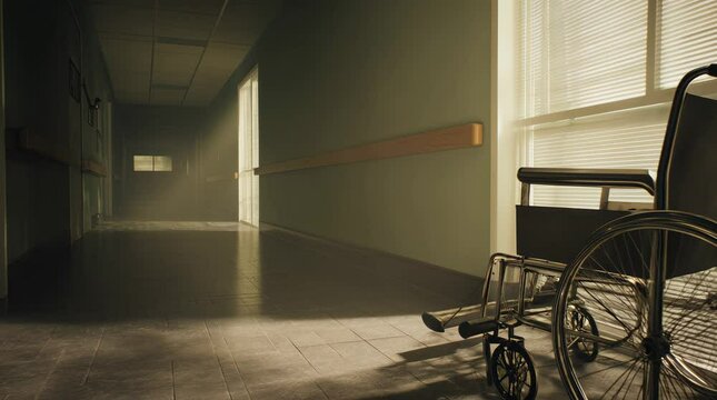 Empty wheelchair alone in a moody hospital hallway with dramatic light and copy space