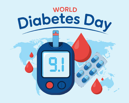 World Diabetes Day global health awareness graphic featuring a collection of medical icons representing diabetes care and prevention.