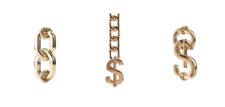 Gold dollar sign pendant chain jewelry with simple metallic link design display