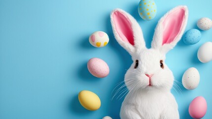 Cute white rabbit with pink ears surrounded by colorful Easter eggs on a bright blue background, perfect for festive spring celebrations and decorations