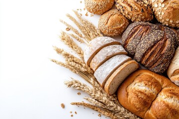 Whole grain bread isolated on white background. A variety of breads and grains are displayed on a white background.