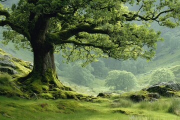 Fototapeta premium A Lone Oak Tree in a Whispering Forest