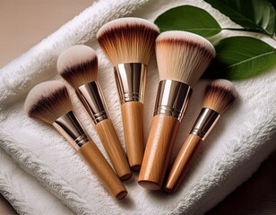 Mehrere edle Make-up-Pinsel mit Holzgriffen liegen ordentlich auf einem weichen, weißen Handtuch